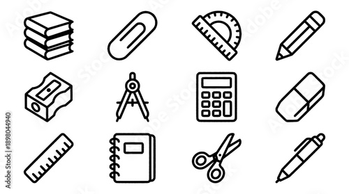 Flat vector outline : various icons set collection academic and education symbol, office objects, stationery - study, learning, science, back to school, graduation concept