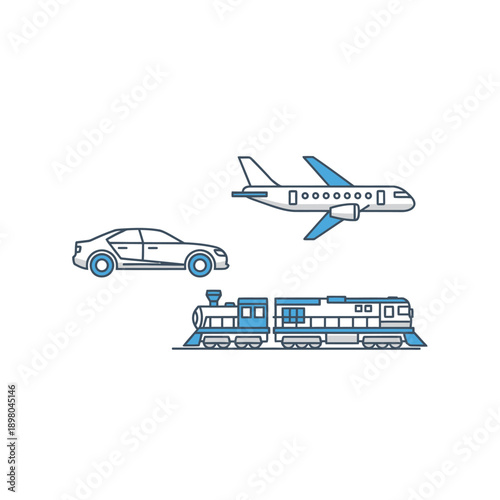 Car Train Airplane Transportation Vector Illustration.