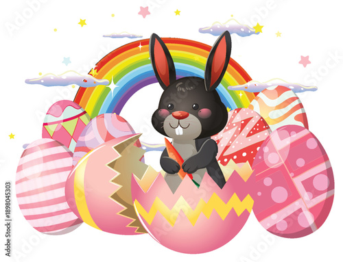 Cute Black Easter Bunny Holding Carrot Inside Cracked Egg with Rainbow