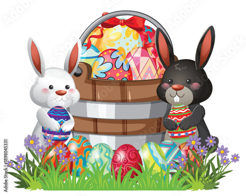 Two Easter Bunnies Holding Decorated Eggs Next to a Full Basket