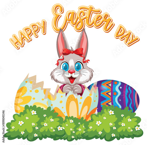 Cute Easter Bunny Popping Out of a Cracked Decorated Egg