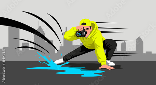 A vibrant vector illustration depicts a young male photographer in a yellow hoodie capturing a dynamic splash on the street against a city skyline.