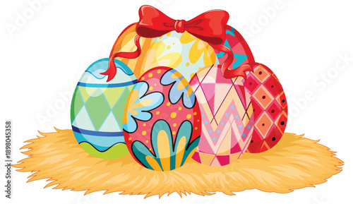 Colorful Patterned Easter Eggs in a Straw Nest with Red Bow
