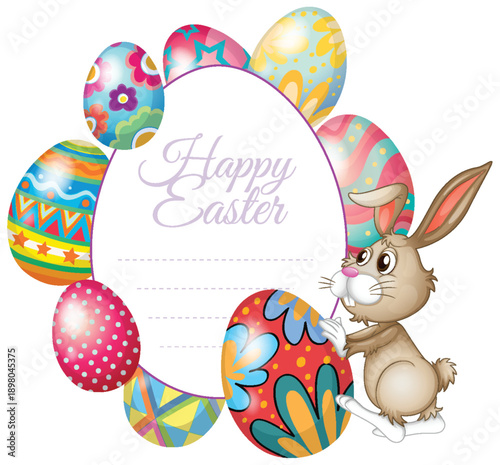 Happy Easter Greeting Card with Colorful Eggs and Cute Bunny