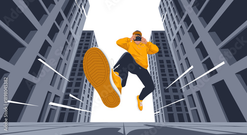 A vibrant young man in a yellow hoodie and sneakers energetically leaps through a modern city street, capturing urban life with his smartphone.