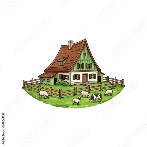 Cottage with Sheep Grazing in Yard.
