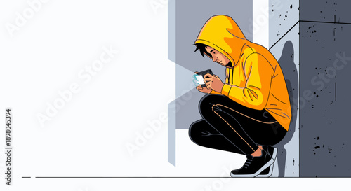 A solitary figure in a striking yellow hoodie is intently focused on their smartphone, its screen casting a bright glow in a dimly lit space.
