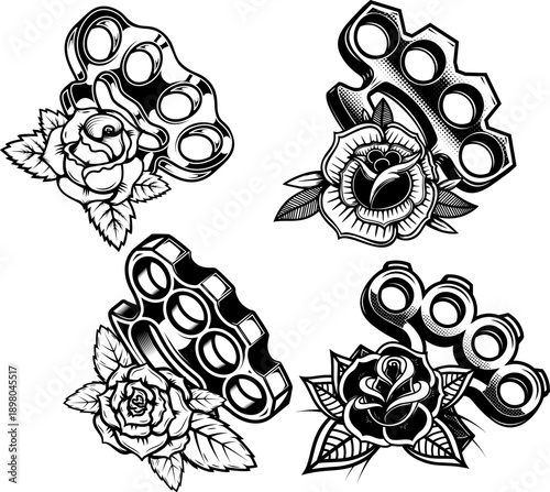 A black and white vector set of four brass knuckles paired with stylized roses. This high-contrast collection features traditional tattoo-style art on a white background.