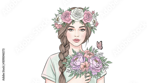 Woman with Flower Crown Holding Bouquet 