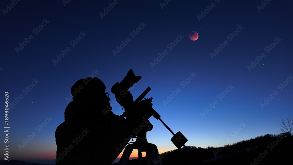 Fototapeta premium Amateur astronomer observing stars, planets, Moon eclipse and other celestial objects.