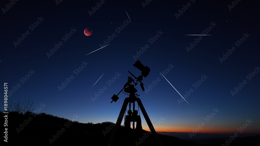 Fototapeta premium Amateur astrophotography equipment with camera, tripod star-tracker for photographing stars, planets and Moon.