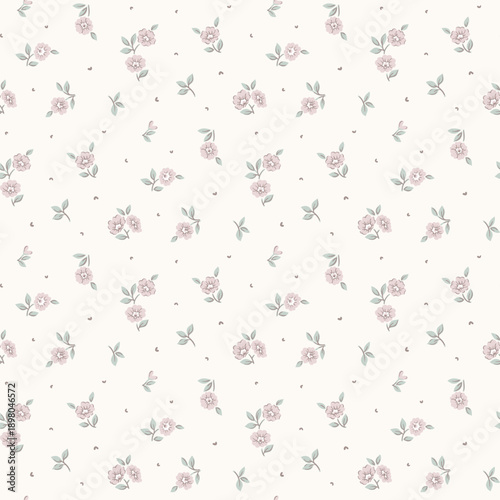 Seamless floral pattern, ditsy floral, flower fabric print in vintage liberty style on light background, timeless floral, small soft flower. Surface design for home textile, wallpaper pattern, fabric