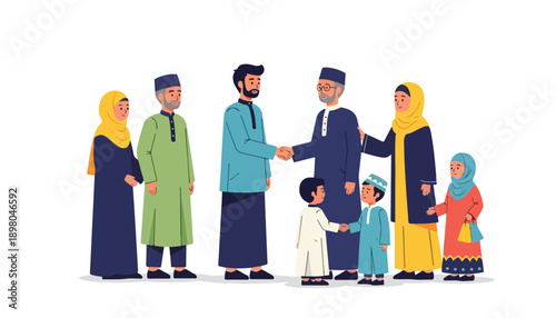 A diverse Muslim family or community group celebrating a religious holiday, with adults and children greeting each other warmly.