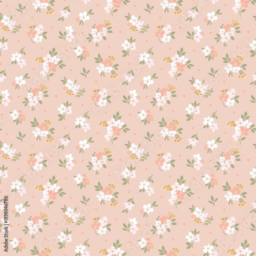 Seamless floral pattern, ditsy floral, flower fabric print in vintage liberty style on peach background, timeless floral, small soft flower. Surface design for home textile, wallpaper pattern, fabric,