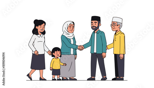 A multi-generational Muslim family greeting each other with handshakes and smiles, depicting unity and respect.