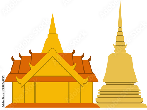 Thai Buddhist Temple Building and Golden Stupa Traditional Architecture Vector Illustration