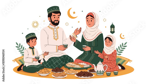 A Muslim family celebrating Eid or Ramadan, sharing a traditional meal together on the floor, surrounded by festive decorations.