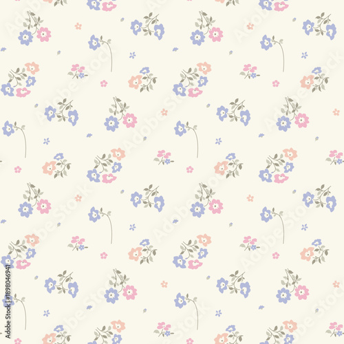 Seamless floral pattern, ditsy floral, flower fabric print in vintage liberty style on light background, timeless floral, small soft flower. Surface design for home textile, wallpaper pattern, fabric,