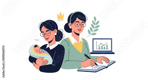 Working Mother Holding Baby while Using Laptop on Desk