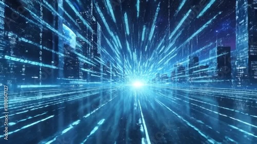 Futuristic cityscape with digital streams and a glowing horizon, symbolizing technological advancement and connectivity.