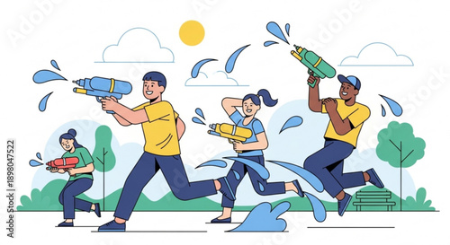 People Having Water Gun Fight in Park on Sunny Day, Vector Illustration