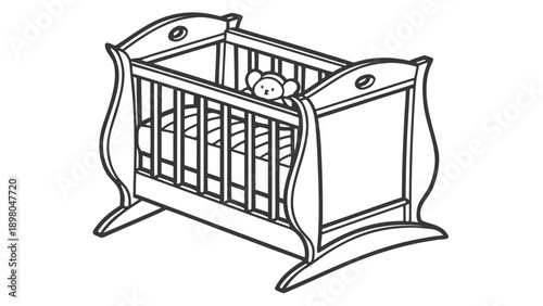A baby lies in a beautifully designed crib with decorative bars from an overhead viewpoint