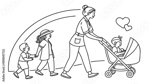 Mother walking with children outside on a sunny day with a stroller and love in the air