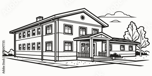 A large house with a smaller adjacent building and a porch viewed from the front