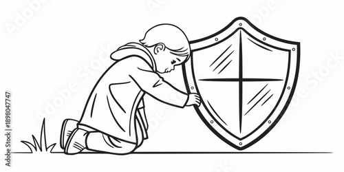 A person kneeling behind a large shield, holding it firmly on the ground, preparing for defense or protection in a simple line art illustration.