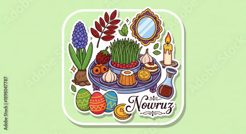 Traditional nowruz celebration with symbolic items on a decorative table