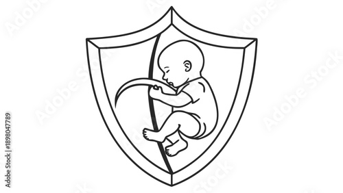 Simple line drawing of a fetus in a shield symbolizing protection from a front viewpoint