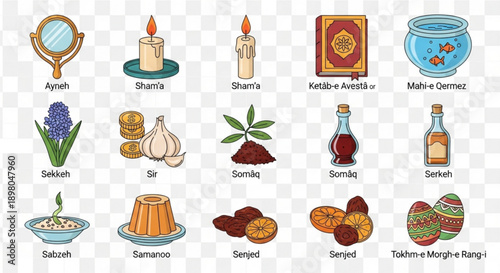 Traditional persian nowruz haft seen table setting icons with symbolic foods and objects