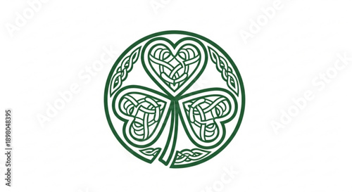Celtic knotwork shamrock design in green on white background