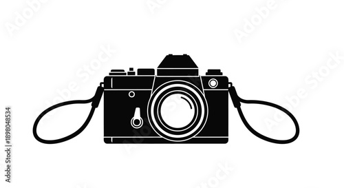 Black and white silhouette of a vintage film camera with a neck strap