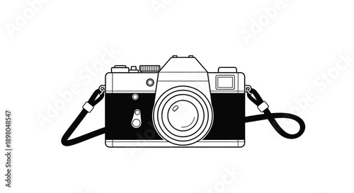Simple line drawing of a vintage 35mm film camera with a strap