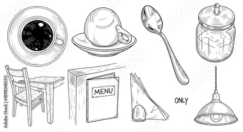 A collection of hand-drawn illustrations depicting various elements found in a cafe or coffee shop setting.