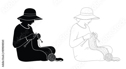 Two depictions of a woman seated and knitting shown in contrasting styles