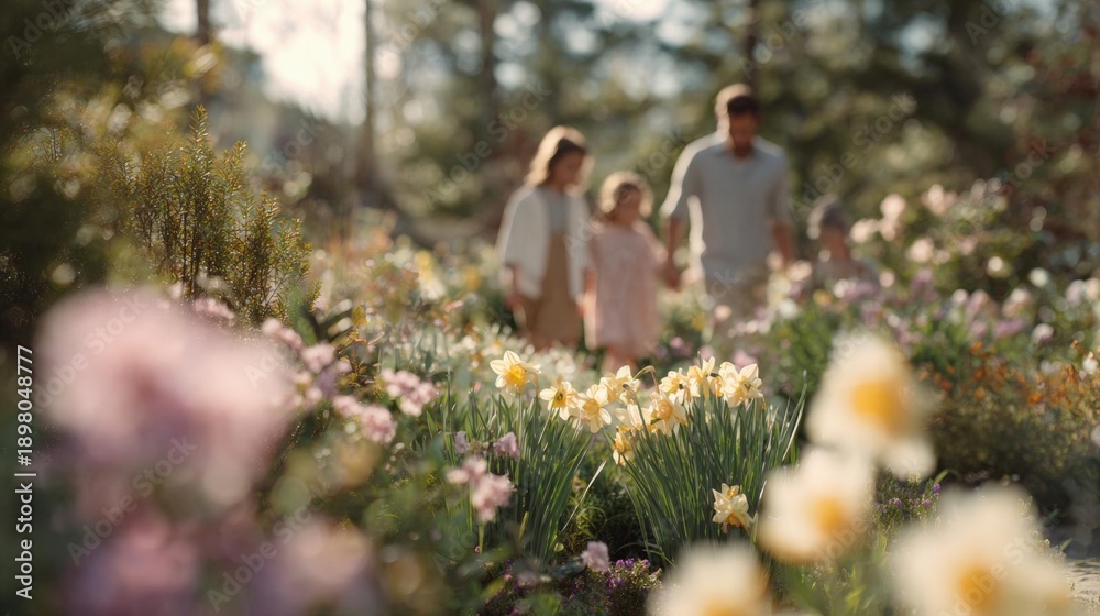 Obraz premium Family of three walking through a beautiful garden. the garden is filled with a variety of colorful flowers and plants, including daffodils, roses, and other wildflowers.