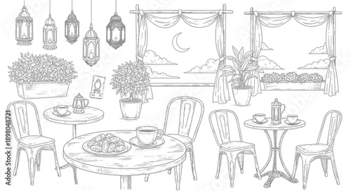 A charming outdoor cafe scene with tables, chairs, plants, and lanterns, set against a backdrop of windows overlooking a night sky with a crescent moon.