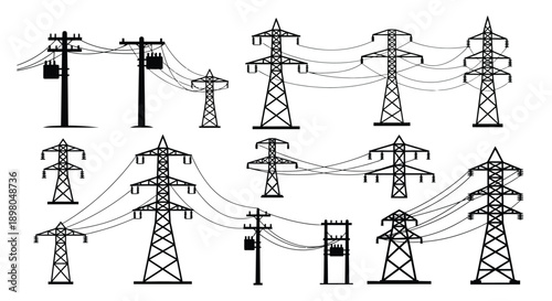 A collection of black and white power transmission towers and lines