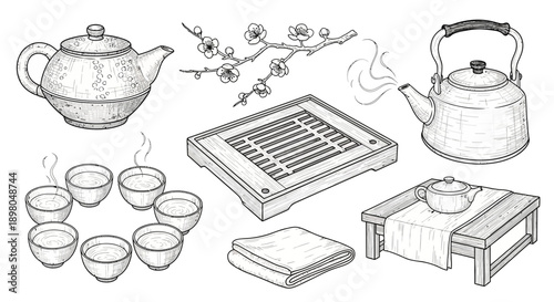 A detailed hand-drawn illustration of a traditional Chinese tea ceremony setup, featuring teapots, cups, a tea tray, and plum blossoms.