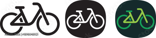 Bicycle icons set with various styles including outline solid and colorful circle backgrounds