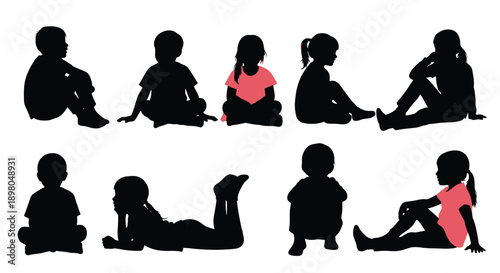 Silhouettes of children in various yoga poses and relaxed positions