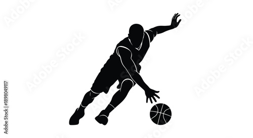 Silhouette of a basketball player dribbling on a white background