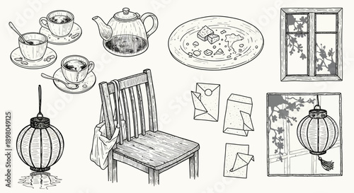 A collection of detailed black and white illustrations depicting everyday objects and scenes, including tea sets, a chair, a window, and lanterns.