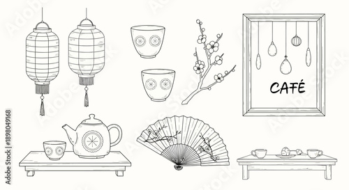 A collection of traditional Japanese tea ceremony elements and cafe decor, including lanterns, teacups, a teapot, a fan, and a framed sign.