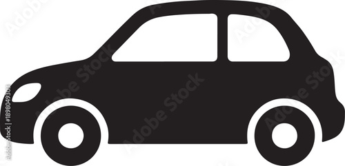 Black silhouette of a compact car with white windows and wheels on a white background also transparent background