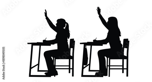 Two students with raised hands at desks in a classroom setting