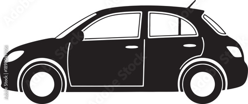 Black silhouette of a compact hatchback car with white window and wheel outlines also transparent background
