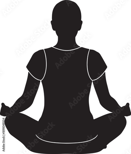 Black silhouette of a person meditating in lotus pose with white outlines on a white background also transparent background